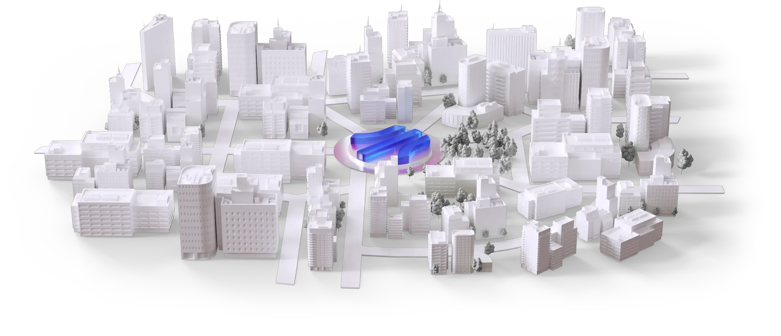 A large group of white buildings with a blue object in the middle